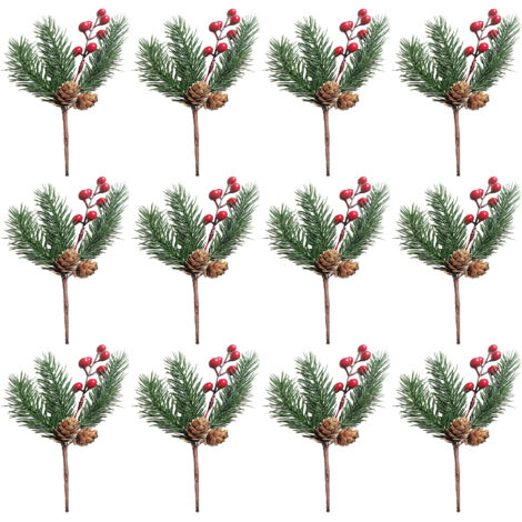 12 décorations de Noël artificielles en forme de baies rouges et de pommes de pin, avec branches de pin, pour guirlandes, couronnes et autres ornements
