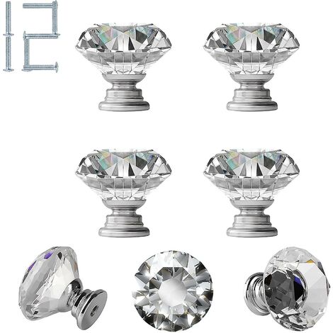 12 Einheiten Kristall-Schubladenknöpfe, Vintage-Türknöpfe, Schrankknäufe, 1–3/16 Zoll, rautenförmige silberne Basis