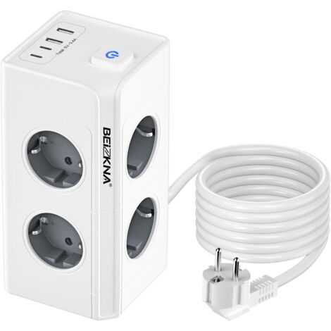 12 en 1 Multiprise Electrique avec 8 Prises et 4 USB Multiprise avec Interrupteur 4000W avec Protection Contre Les Surcharges et 2 Interrupteurs et 1.5mm² Câble pour Bureau Maison Voyage