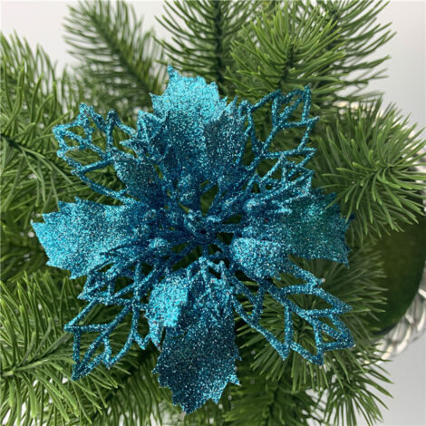 12 fiori artificiali di poinsettia glitterati per albero di Natale (blu lago, 11 cm)