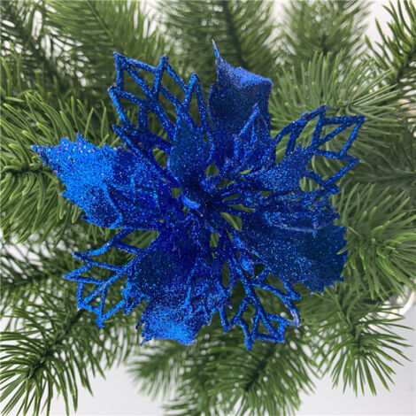 12 fiori artificiali di poinsettia glitterati per decorazioni per l'albero di Natale (blu reale, 11 cm)