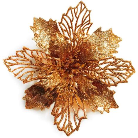 12 fleurs de poinsettia pailletées pour sapin de Noël, 16 cm de diamètre, avec 12 attaches vert tendre (bronze)