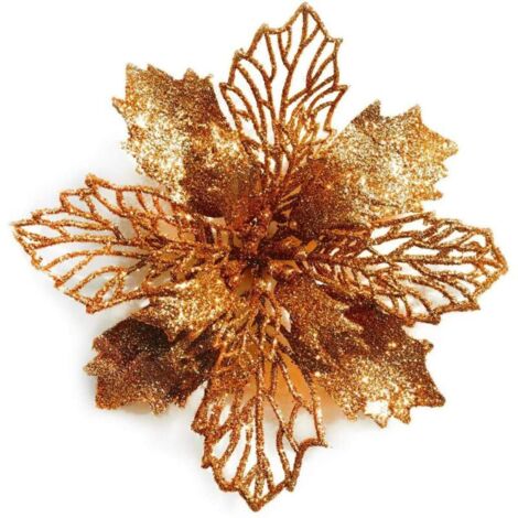 12 fleurs de poinsettia pailletées pour sapin de Noël, 16 cm de diamètre, avec 12 attaches vert tendre (bronze)