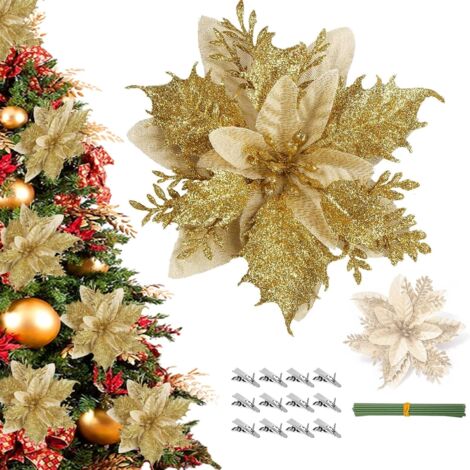 12 flores de Pascua navideñas, flores decorativas navideñas de oro rojo, flores navideñas artificiales con brillo con clip y tallos, amarillo
