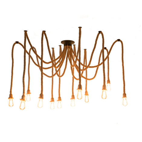 12 Focos Retro Lámpara de Suspensión de Araña con Cuerda de Heno, E27 DIY con 2m Longitud Ajustable para Dormitorio, Restaurant,Bar (Sin Bombilla)