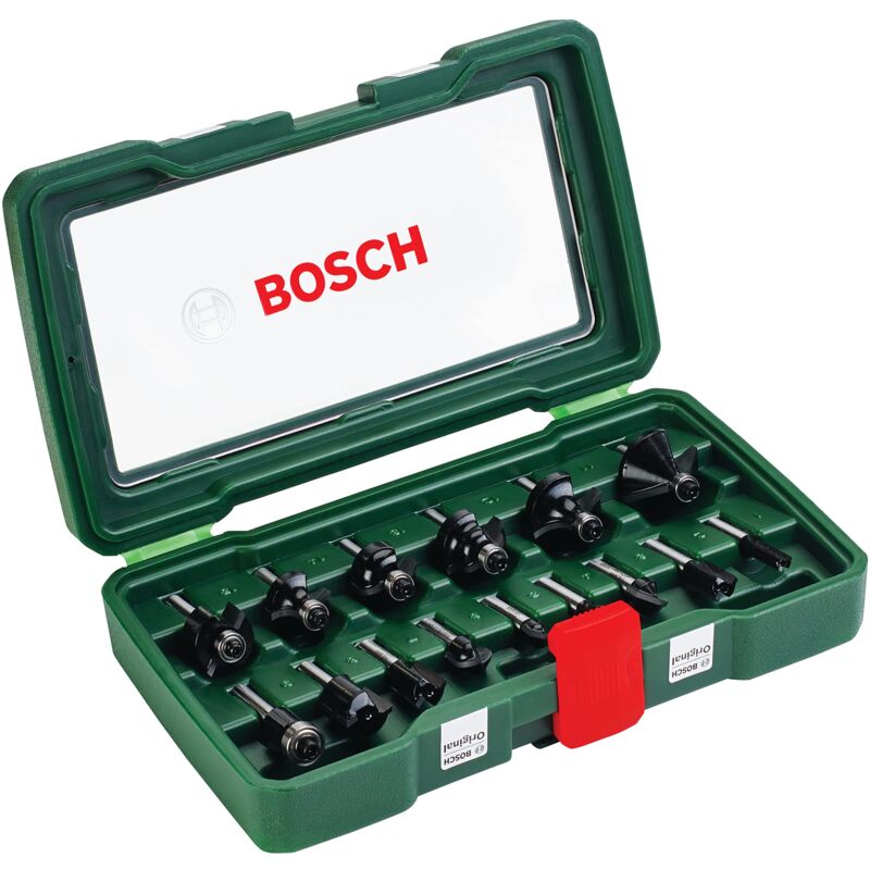Bosch Set da 15 Pezzi di frese in metallo duro, per legno, codolo da 1/4 pollice, accessorio per fresatrice verticale