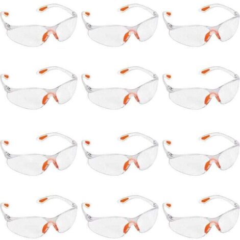 12 gafas de seguridad transparentes con lentes de plástico, XU, puente nasal y patillas de goma para mayor comodidad - Gafas EPI transparentes KZQ