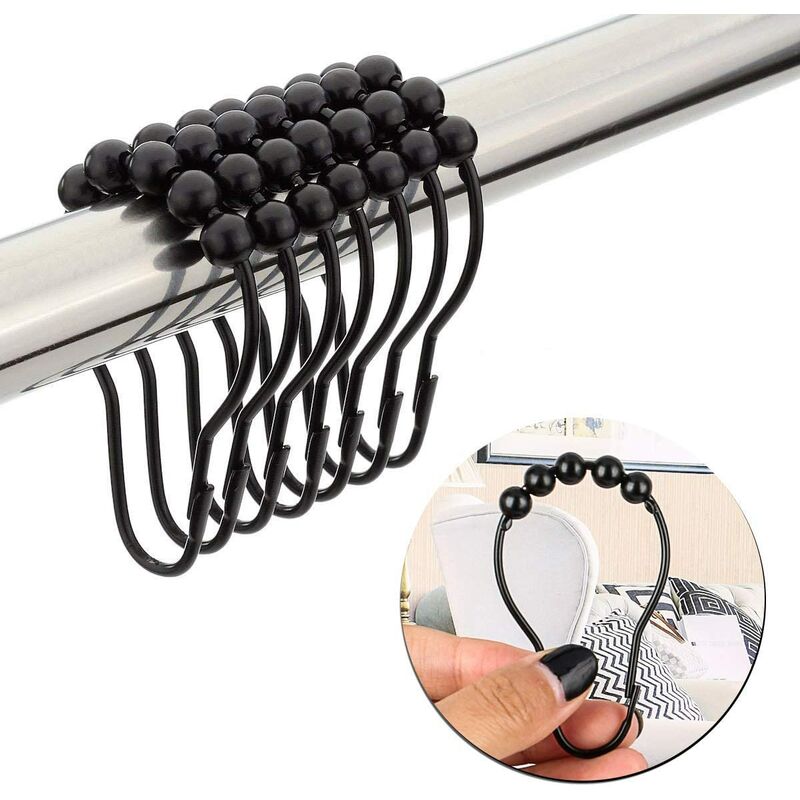 

12 ganchos de cortina de ducha de acero inoxidable con bolas de metal pulido para baño - negro