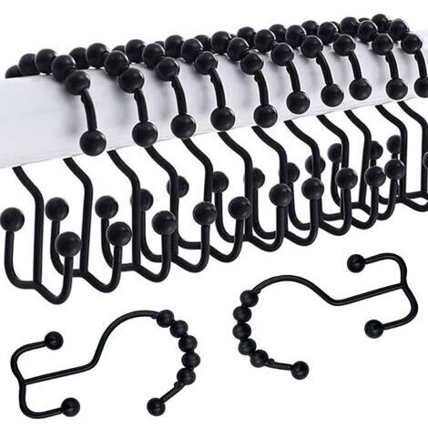 12 ganci doppi per tende da bagno, ganci per tende da bagno resistenti alla corrosione, ganci metallici doppio passaggio (nero)