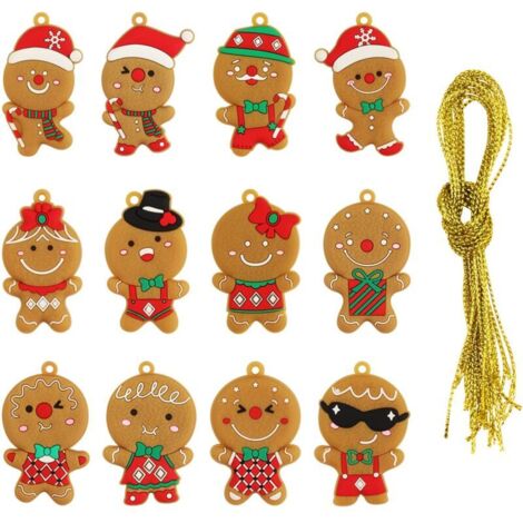 12 Gingerbread Man Ornaments and Decorations for Christmas Trees, with Strings, for Gifts