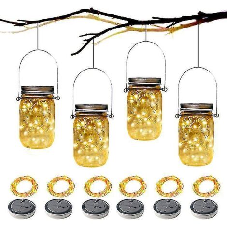 12 guirlandes lumineuses féériques à couvercle de bocal Mason, alimentées à l'énergie solaire, pour décoration de jardin ou de fête - 6 pièces