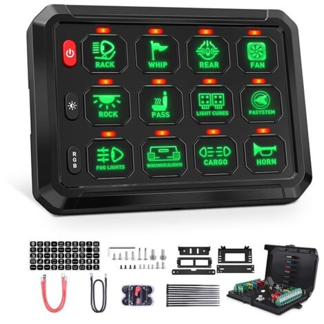 12 Interrupteur Panneau de Commutation 12V/24V, Panneau de Controle Universel avec Panneaux de Commutation Tactiles à Intensité Variable RVB 8 Couleurs pour Voiture Camion SUV RZR Bateau