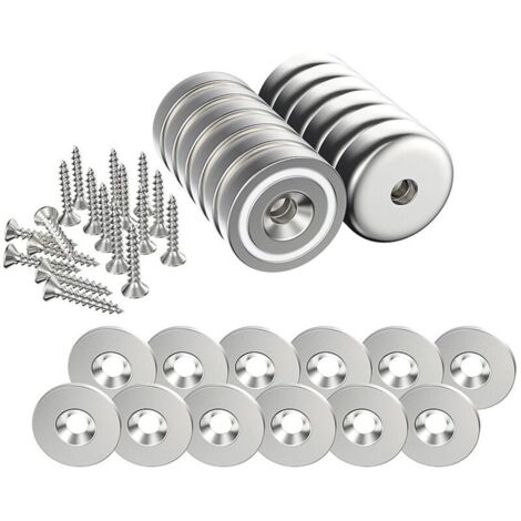 12 magneti al neodimio (N52), 20 × 7 mm, forza di trazione 10 kg ciascuno, con foro filettato, custodia protettiva, base conica e viti incluse, + 12 rondelle in acciaio inossidabile (argentate)