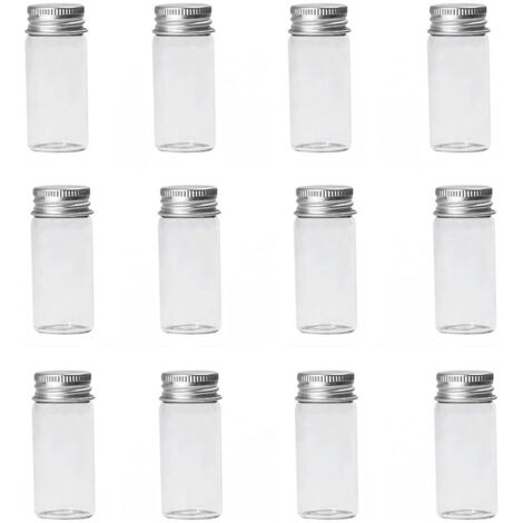 12 mini botellas de vidrio transparente - Botellas para dulces, con tapa de rosca de aluminio para muestras, pequeños recipientes, regalos de boda, decoraciones (10 ml)