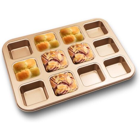 12 moldes pequeños para pasteles, molde rectangular pequeño para pasteles, antiadherente, molde pequeño para pasteles, molde para brownies para muffins, pasteles, panecillos, acero (dorado)