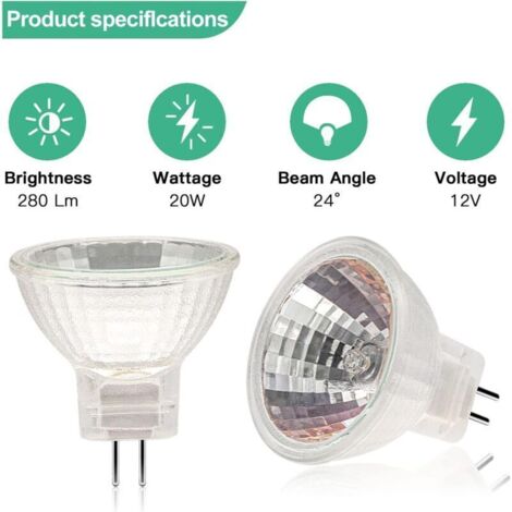 12 morceaux d'ampoule halogène MR11, lampe halogène 12V 20W Gu4, MR11 Gu4 Couvercle en verre d'ampoule, adapté aux lampadaires, ampoules halogènes à 2 broches