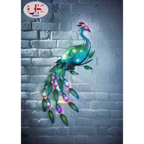 12 Multi ColoRed LED Light Solar PoweRed Gems Peacock Wall Art Garden Decoration