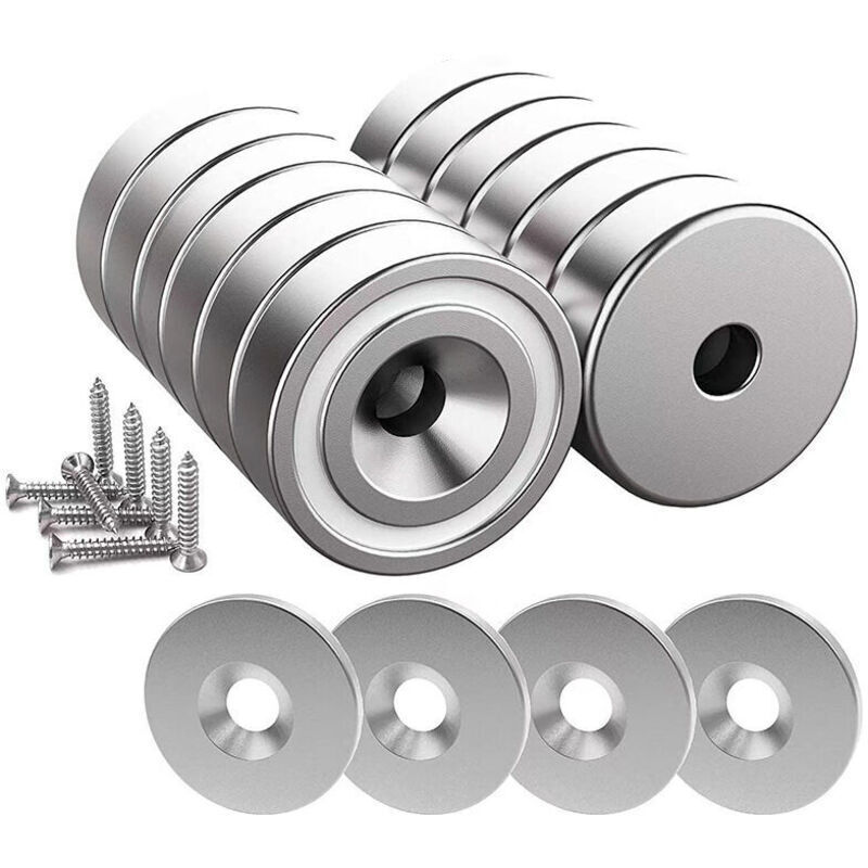 12 neodymium magnets 10 kg strength 20 x 7 mm with hole and capsule, countersunk pot magnet with screws and 12 steel pads (shiny silver)