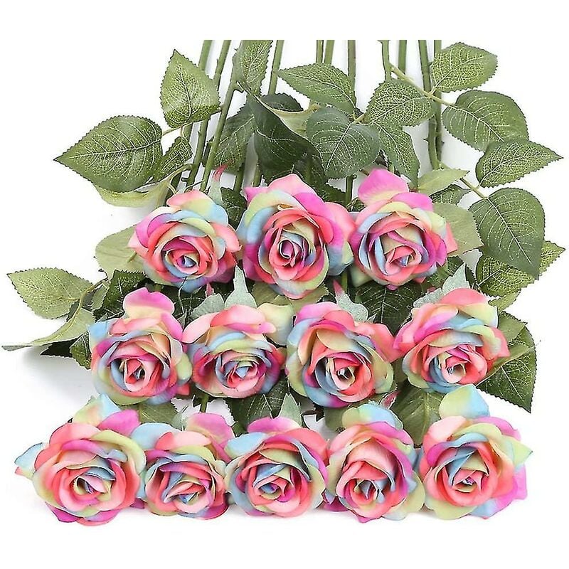 12 Pack Artificial Rainbow Flowers Rainbow Roses Bouquet Fake Rainbow Roses Real Touch Roses Silk Flowers For Floral Diy Home Wedding Decor Party Gar