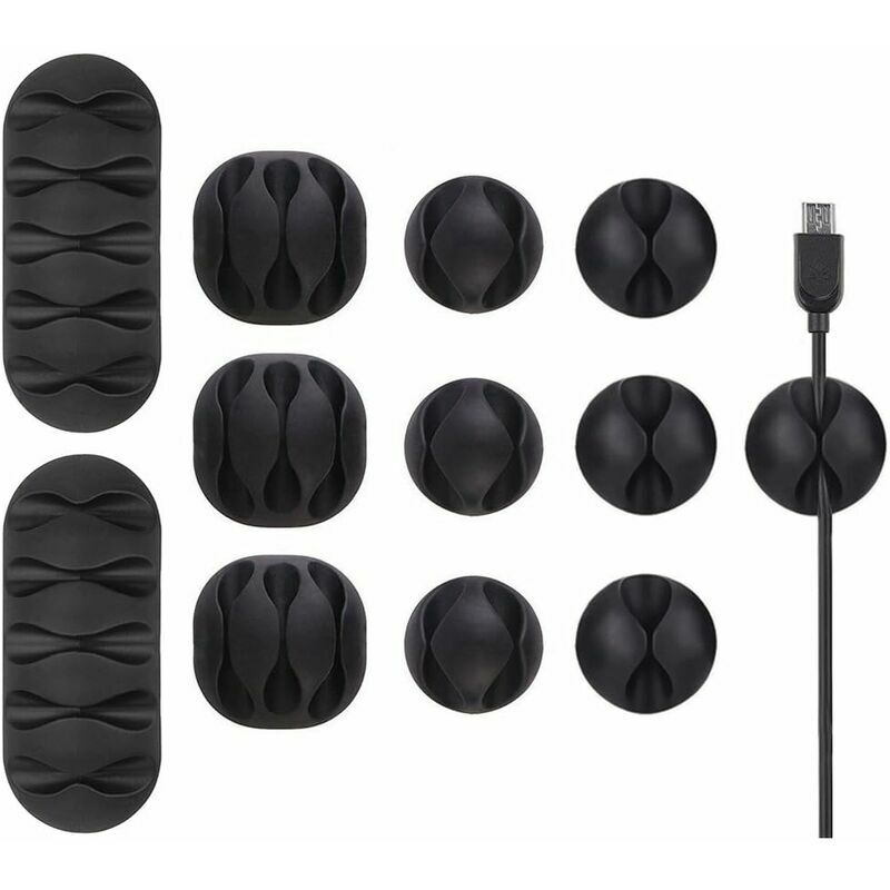 Dewdat - 12 Pack Durable Cable Clips, Cable Tidy and Cable Ties, Desktop Organizer and Management for tv pc Laptop Home etc, Black