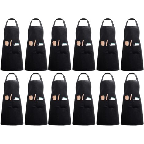 12 Pack Kitchen Apron with 2 Pockets Adjustable Home Cooking Aprons for Women Men Chef (Black Polyester)