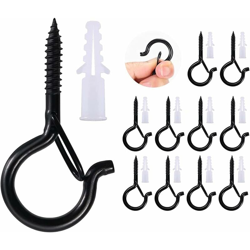 12 Pack Screw Hooks, Ceiling Screws, Heavy Duty Safety Buckle with Screws for Hanging Plant Baskets, Birdhouses, Lantern Lights, Lanterns (Black)