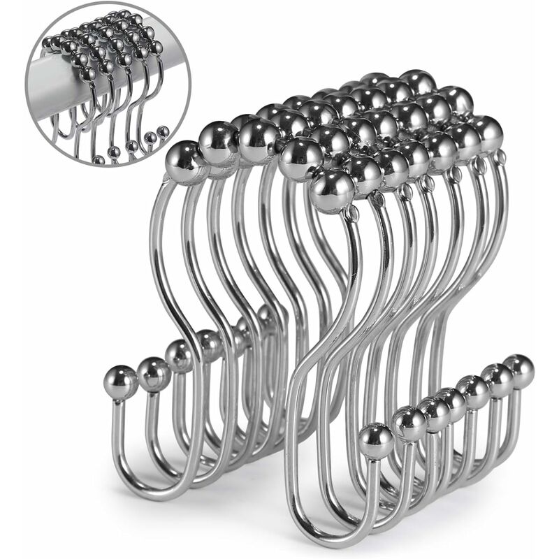 Tinor - 12 Pack Shower Curtain Hooks Rustproof Stainless Steel Double Sliding Anti-Drop Hook For Bathroom Shower Curtain (Chrome)