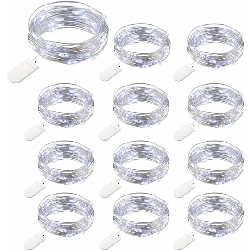 12 Packs Guirlande Lumineuse à Pôles, 20 LEDs 2M Guirlande Lumineuse en Cuivre,IP65 Étanche Fil d'Argent Blanc Froid Atmosphère Lumière pour