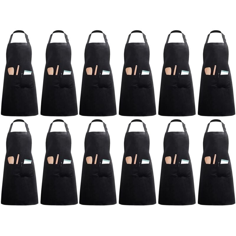 Beijiyi - 12 Packs Tablier De Cuisine avec 2 Poches Réglable Cuisson à Domicile Tabliers pour Femmes Hommes Chef (Noir Polyester)