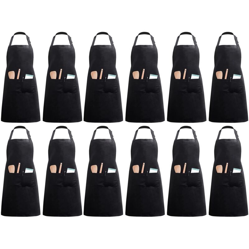 Beijiyi - 12 Packs Tablier De Cuisine avec 2 Poches Réglable Cuisson à Domicile Tabliers pour Femmes Hommes Chef (Noir Polyester)