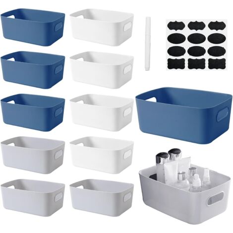 12 Panier de Rangement Plastique,Panier avec Poignée Empilable Boîte,Panier Salle Bain Convient aux Cuisine, Chambre,Bureau(3 couleurs) Blanc, Gris, Bleu -