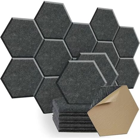 12 panneaux acoustiques autocollants, mousse acoustique haute densité, panneaux acoustiques hexagonaux, gris foncé