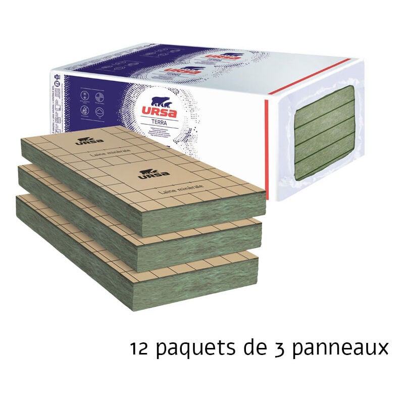 12 paquets de 3 panneaux Laine de verre s.r prk 32 Revêtu - Panneau 2.43 m² - 160 mm - r 5.00 - Soit 29.16 m² Ursa