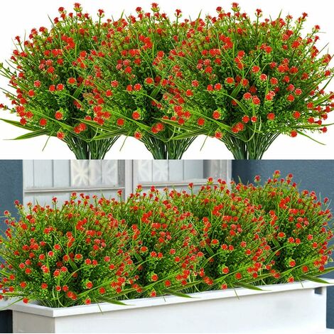 12 paquets de fleurs artificielles en plein air, faux toucher réel résistant aux UV sans décoloration plantes en faux plastique pour jardin patio porche fenêtre boîte décoration de mariage à la maison