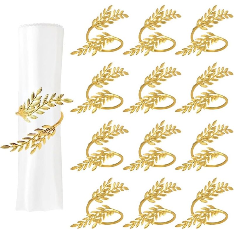 12 pcs anneaux de serviette feuilles d’or réfléchissantes, classiques pour décoration de table de mariage et fête