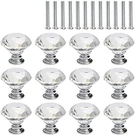 12 Pcs Bouton de Meuble Cristal, Poignée Bouton de Porte Placard Meuble Tiroir, Diamant de Verre Cristal Transparent, Base en Argent