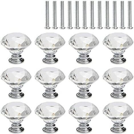 12 Pcs Bouton de Meuble Cristal, Poignée Bouton de Porte Placard Meuble Tiroir, Diamant de Verre Cristal Transparent, Base en Argent