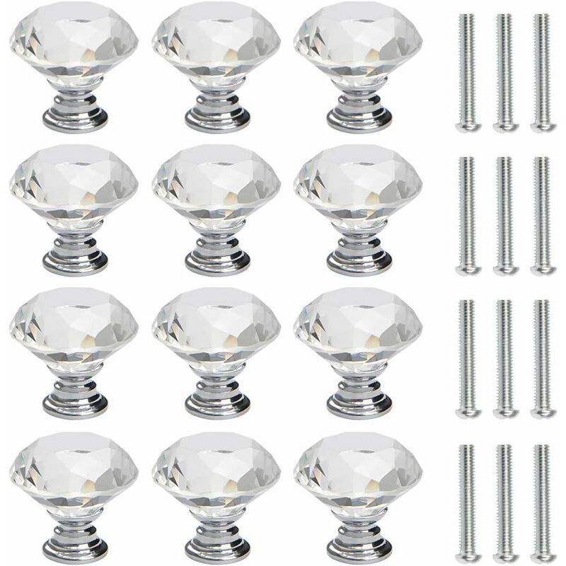 12 pcs bouton de porte commode cristal diament de 30 mm bouton de porte avec vis décoration porte armoire Tiroir meuble bouton de tiroir argent Fei Yu