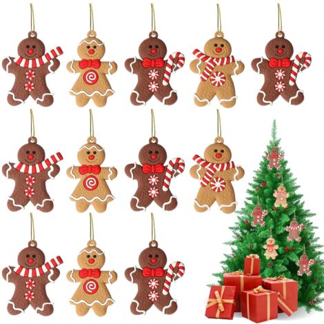12 Pcs Christmas Tree Hanging Ornaments Gingerbread Man Pendants for Party Decoration Craft Accessories (4 Styles)