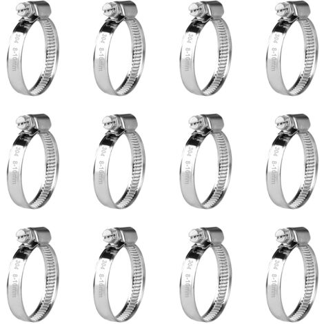 12 Pcs Collier de Serrage Tuyau Réglable 8-16 mm, Collier de Serrage en Acier Inoxydable, Colliers de Serrage à Vis Metallique, Boulons Collier Durite pour Tuyaux de Essence Diesel Piscine