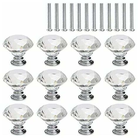 12 Pcs Crystal Cabinet Knobs, Drawer Cabinet Cupboard Door Knob Handle, Transparent Crystal Glass Diamond, Silver Base