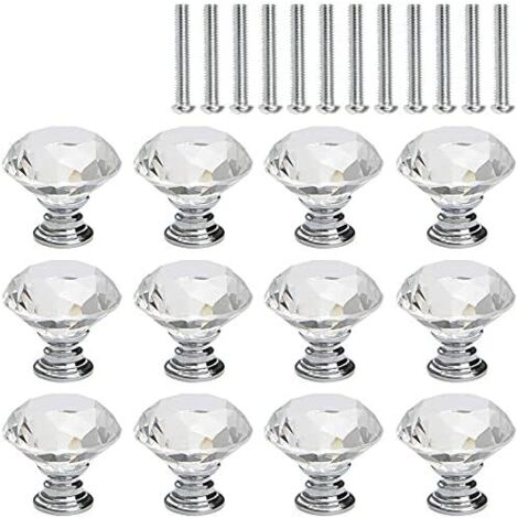 12 Pcs Crystal Furniture Knobs, Cabinet Door Knob Handle, Clear Crystal Glass Diamond, Silver Base