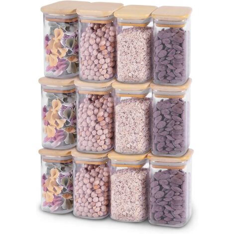 12 Pcs Glass Bamboo Spice Jars 8oz/250ml Spice Storage Spice Containers Seasoning Jars Herb Jars Glass Spice Set for Spice Salt Seeds Sugar Coffee Tea Storage Canisters