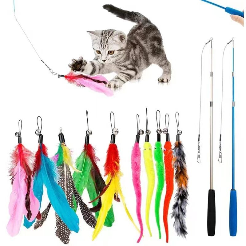 12 pcs Jouet Chat Plume, Jouet bâton Chat Canne à pêche avec 2 pcs Interactif Rétractable Canne, 10 pcs Plume de Rechange avec Pendentif, Jouet