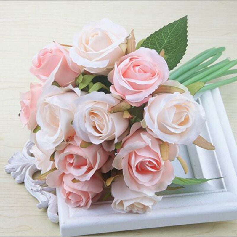 Tlily - 12 pcs / lots Fleurs roses artificielles Bouquet de mariage blanc Rose thailandais Royal Rose Fleurs de soie Decoration d'interieur Decor de