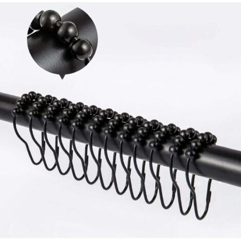 12 Pcs Morceau de Crochets de Rideau de Douche, avec Système Coulissant Anneaux de Rideau de Douche en Acier Inoxydable pour Tringle de Douche de Salle de Bain (Noir)