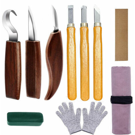 12 PCS Outils de Sculpture sur Bois avec Couteau à Crochet Couteau à Bois Couteau à Sculpter Couteau à Biseau Couteau à Cuillère pour Débutants de Menuisier Enfants Professionnels Sculpteurs