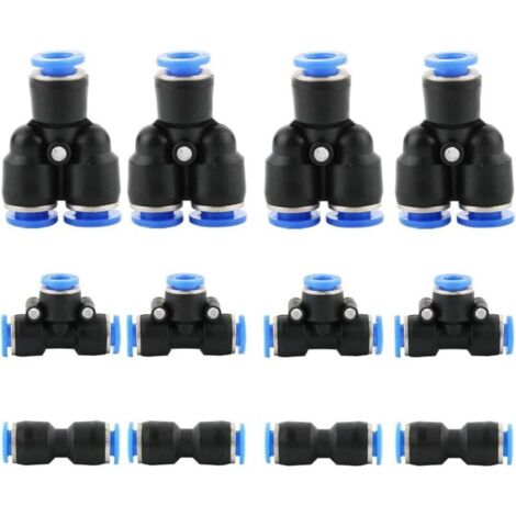 12 pcs Pneumatique Raccords de Tuyau Raccord, fixations pneumatique Push dans, Tuyau d'air pneumatique Raccord, 1/4 inch (6mm : Y+T+I Type Combo)