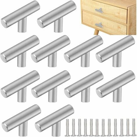 SUNXURY 12 PCS Poignee de Meuble Cuisine Acier Inoxydable 5032mm Poignée Meuble T Bouton de Porte Argenté Boutons de Tiroir Monotrou en T Bouton de Meuble avec 12 Vis pour Armoire Porte Placard,Argent