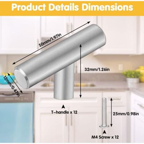 12 PCS Poignee de Meuble Cuisine Acier Inoxydable 5032mm Poignée Meuble T Bouton de Porte Argenté Boutons de Tiroir Monotrou en T Bouton de Meuble avec 12 Vis pour Armoire Porte Placard,Argent